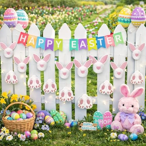 18 Pcs Easter Glitter Bunny Hanging Decorations Bunny Tree Ornaments Plush