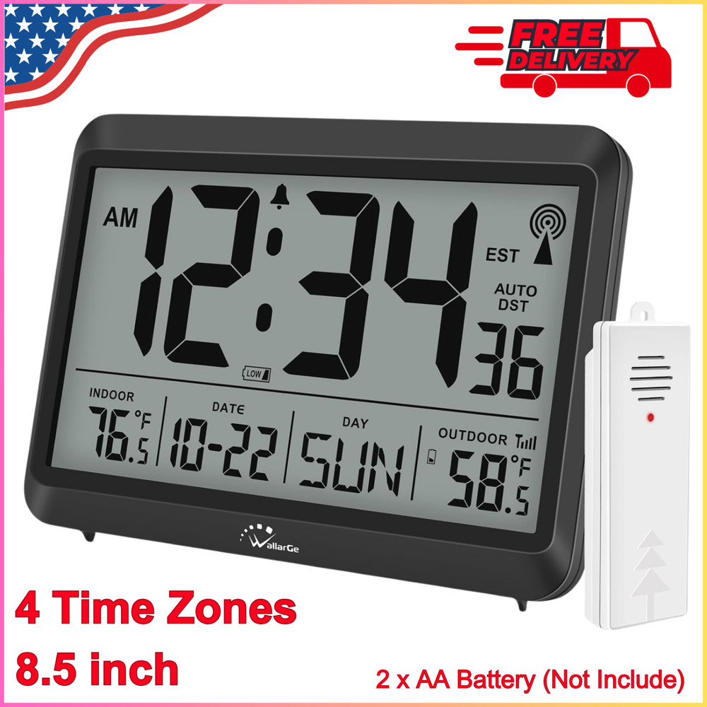 WallarGe Atomic Clock with Indoor Outdoor Temperature, Self-Setting Wall Clock