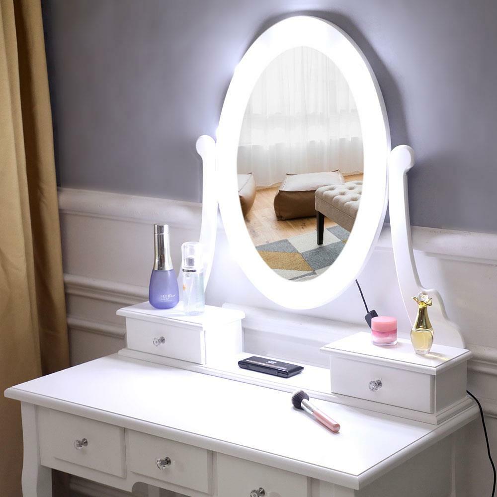10 LED Lighted Mirror Vanity Table Set Makeup Dressing Desk 5 Drawers Wood