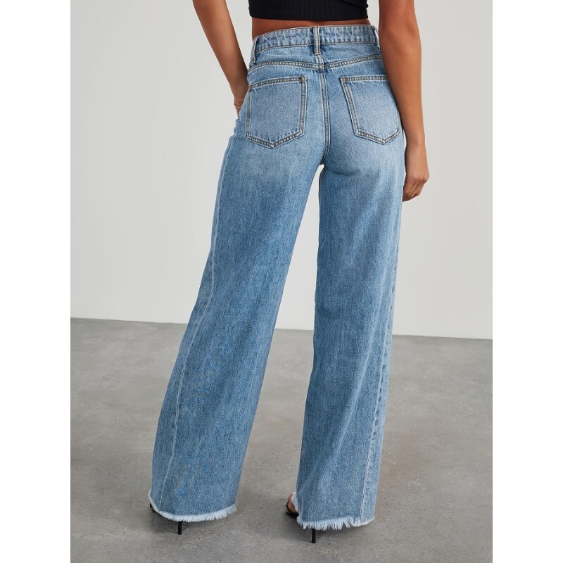 Women's Fashion Casual High-Waisted Wide Leg Stretch Denim Jeans With Pockets