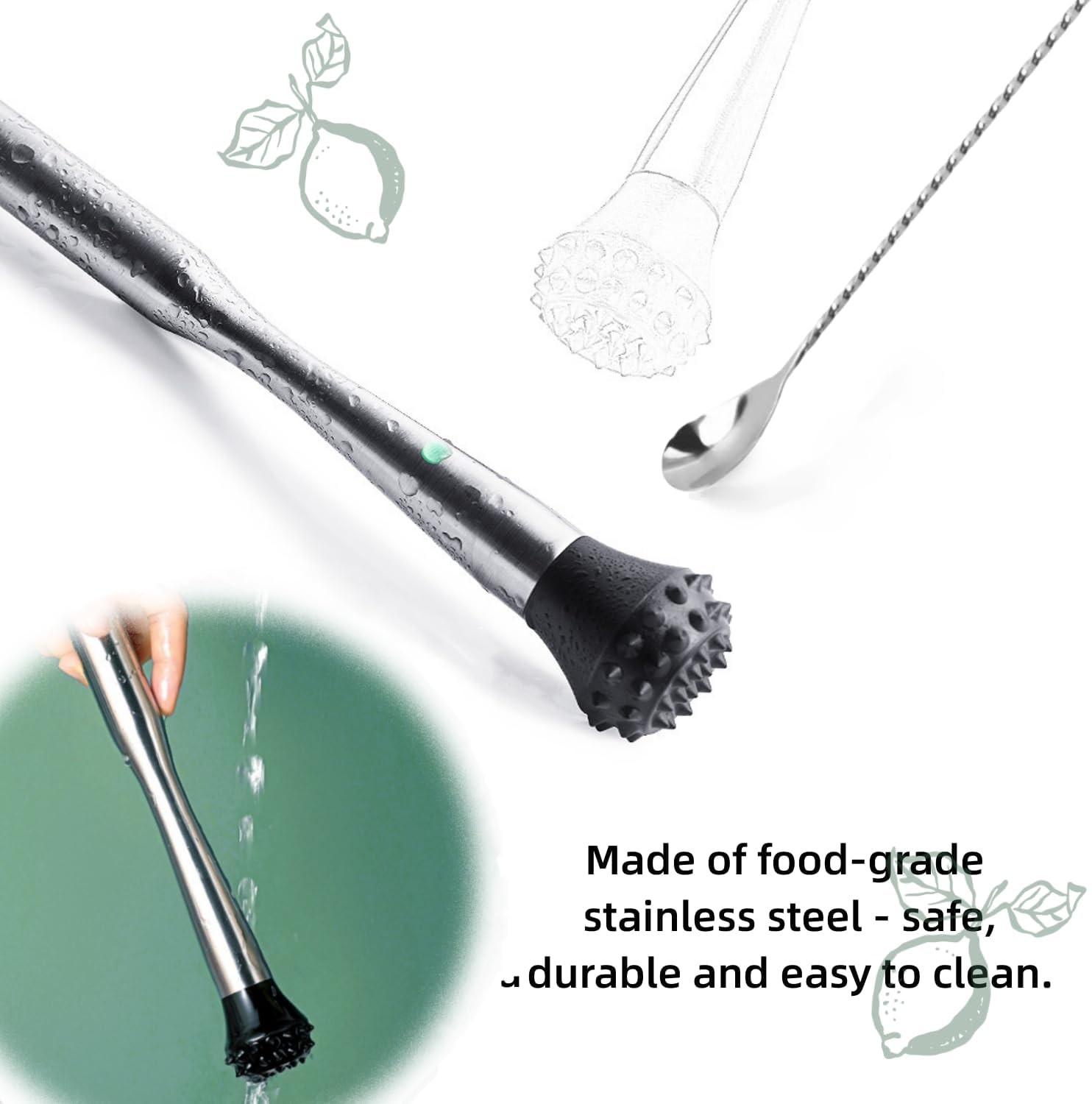 Muddler for Cocktails Stainless Steel, Muddlers Pestle with Stirring Silver