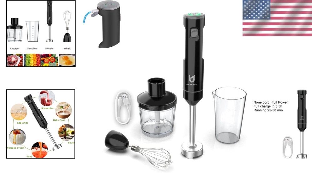 Portable Immersion Blender, Cordless, Variable Speed, 500ml Chopper, 600ml Cup