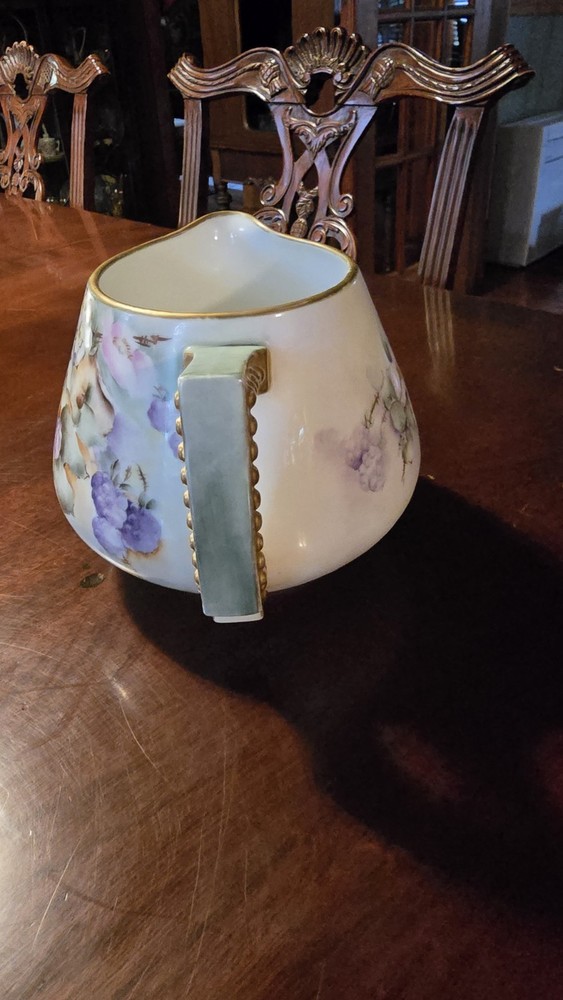 Antique Cider Pitcher – Blackberries & Blossoms – Gold Beaded Handle – 5.75"