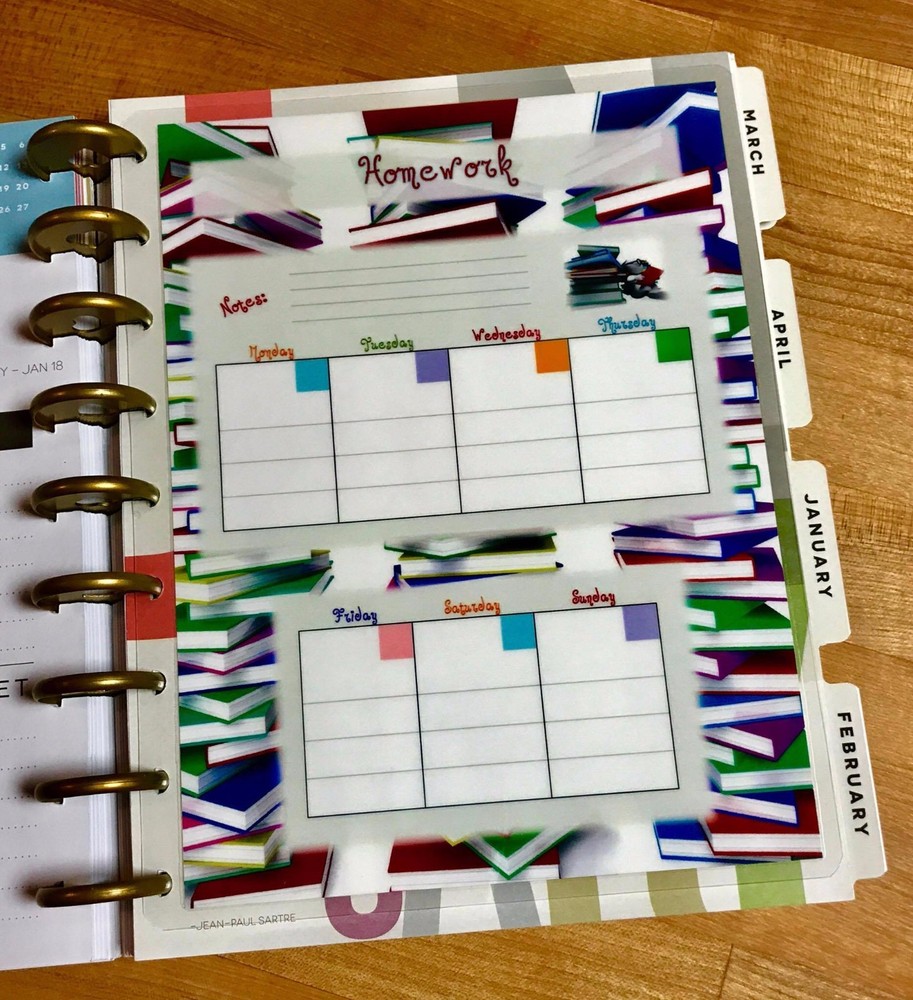 Weekly Homework Planner 2 Sided Dashboard Insert for use with HAPPY Planner