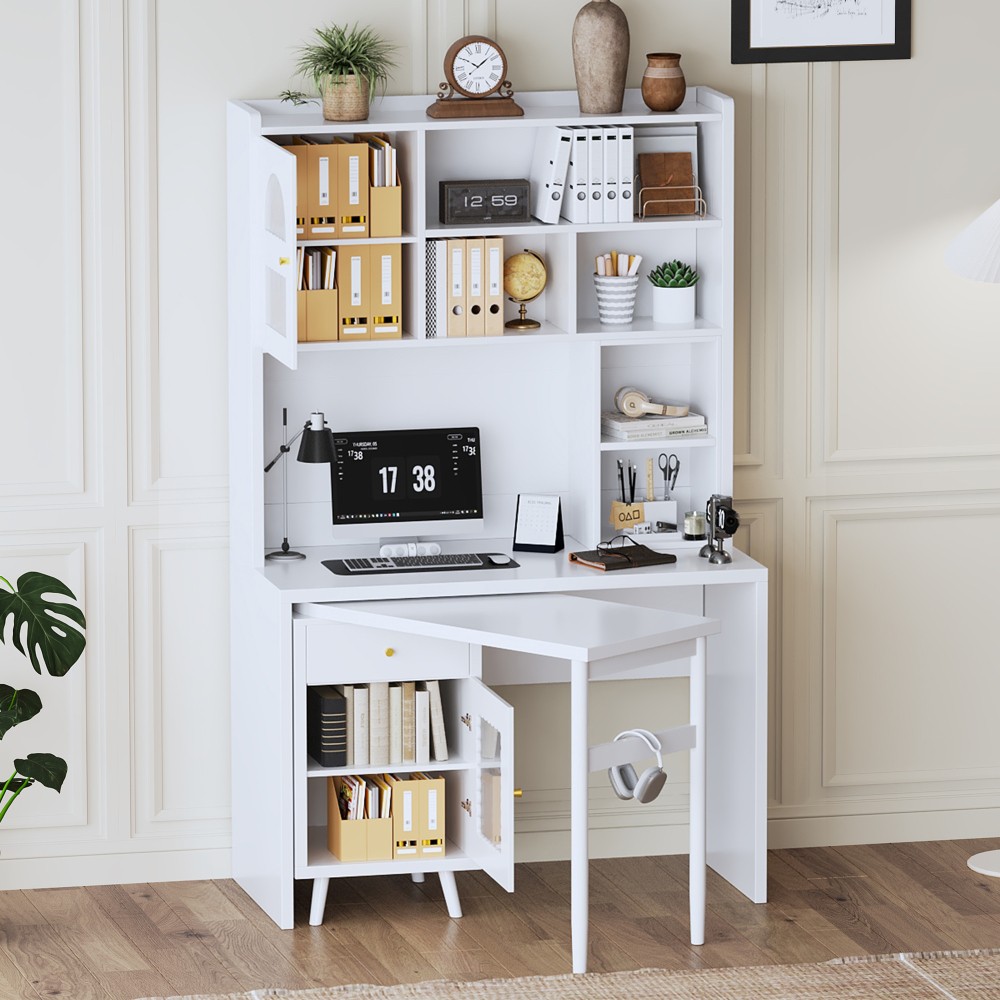 Computer Desk with 90 Degree Rotating Desktop,Office Desk with Storage Drawer