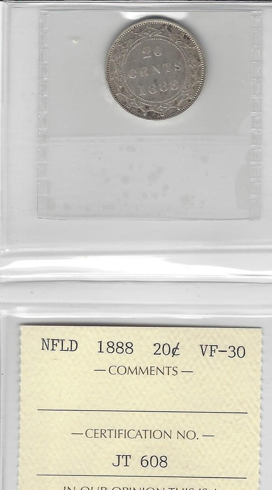 1888 ICCS Graded Newfoundland Twenty Cent **VF-30**