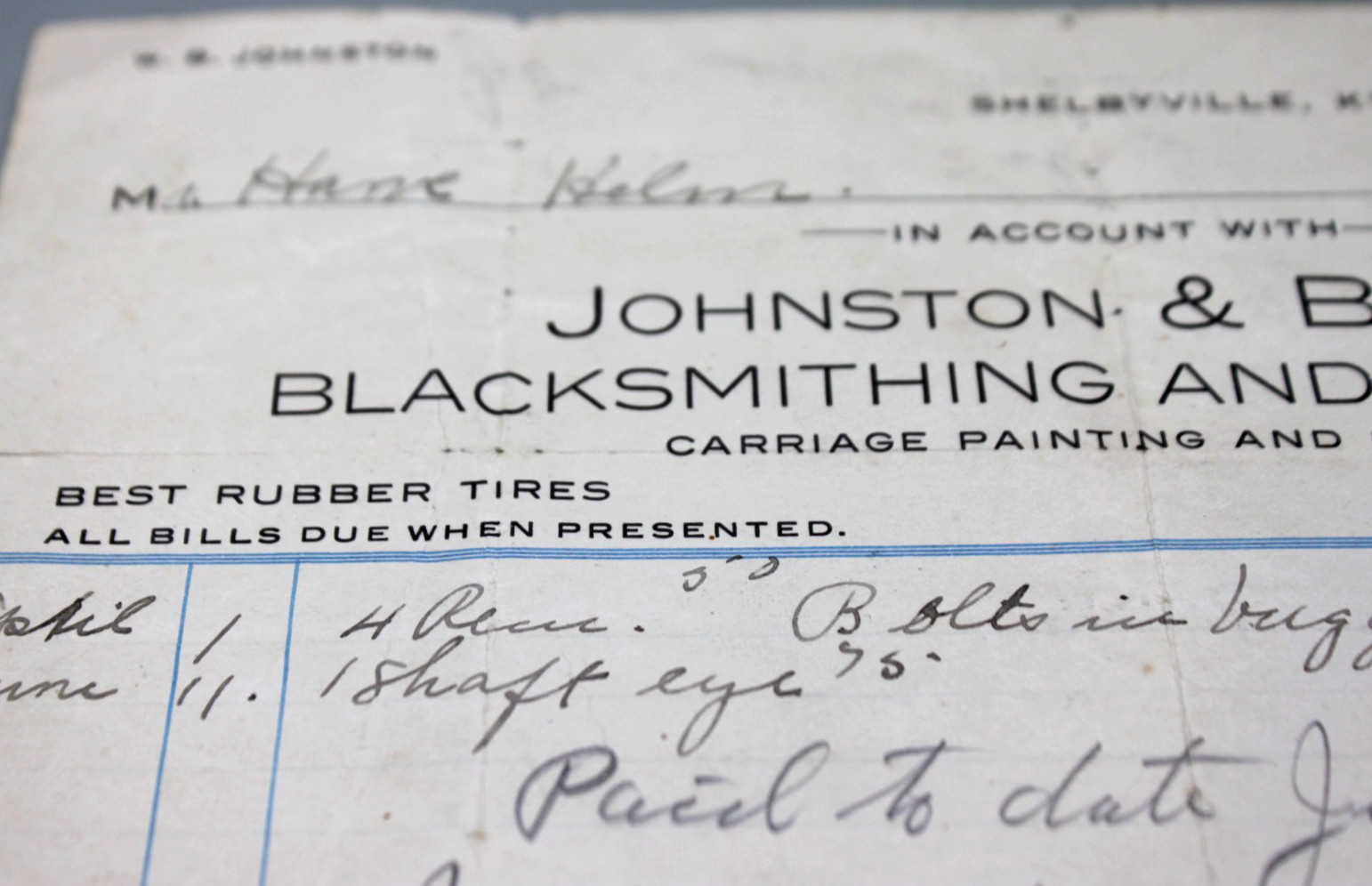 Antique 1909 Blacksmith Billhead Receipt Shelbyville Kentucky