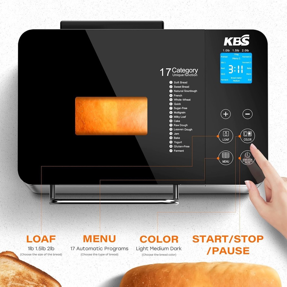 Luxury 2LB Bread Machine - Smart 17 Programs, Ceramic Pan & Touchscreen Control