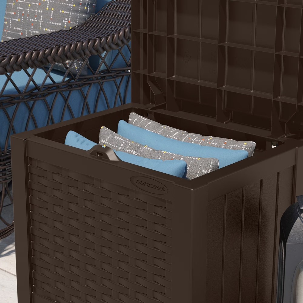Suncast Outdoor 22 Gallon Resin and Wicker Deck Box, Java Brown