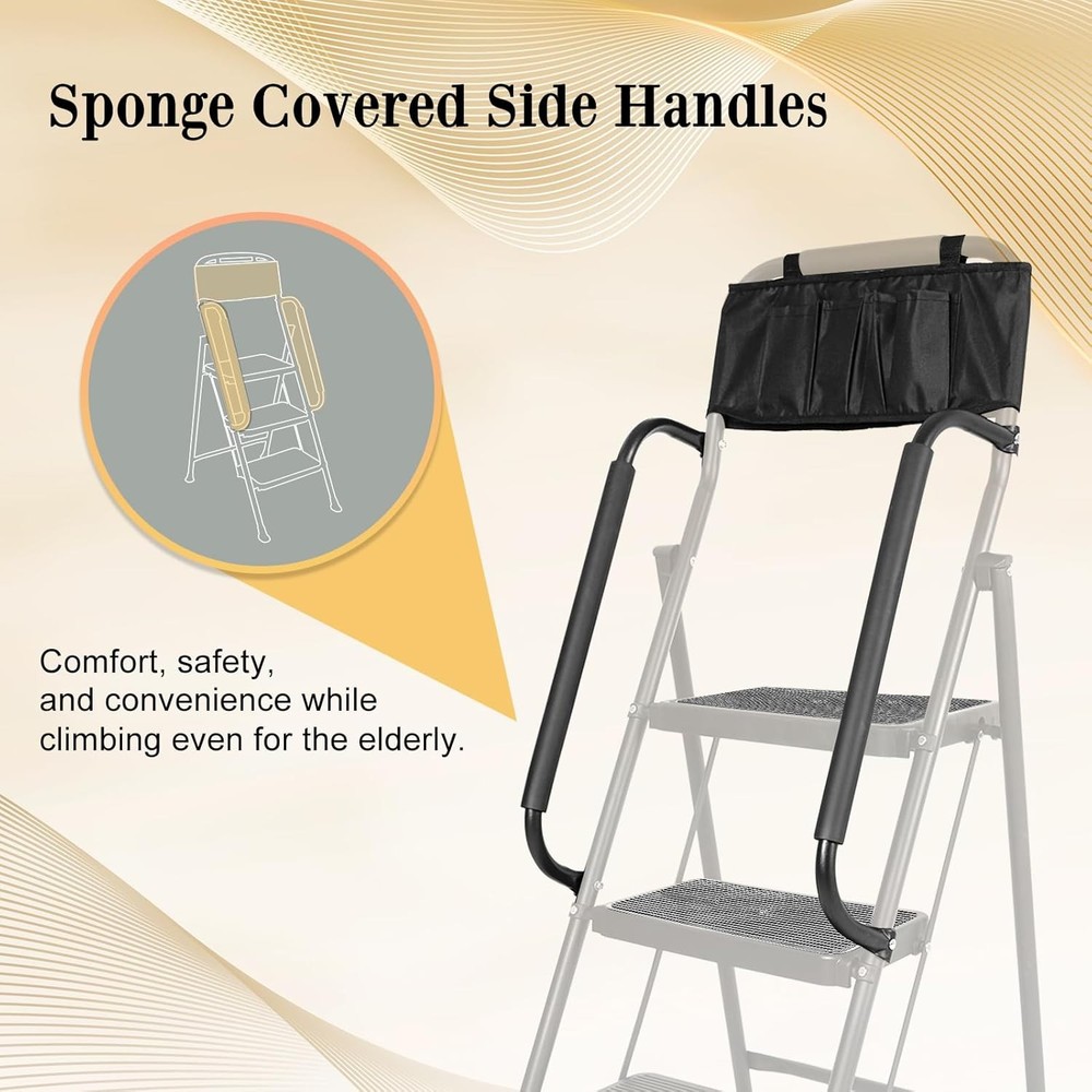 3 Step stool Ladder with Handrails 500 lbs folding Attachable Tool