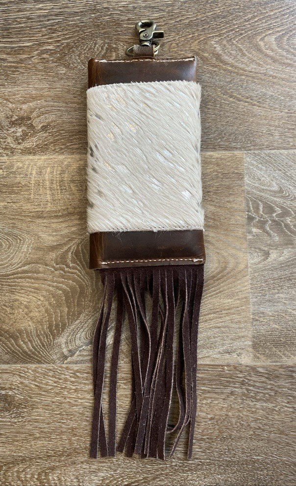 SILVER ACID WASH HAIR-ON COWHIDE CLIP PHONE POUCH w/ Fringe Horse