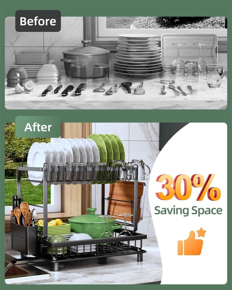 Dish Drying Rack 2 Tier Space-Saving Dish Rack Multifunctional Dish Drainer