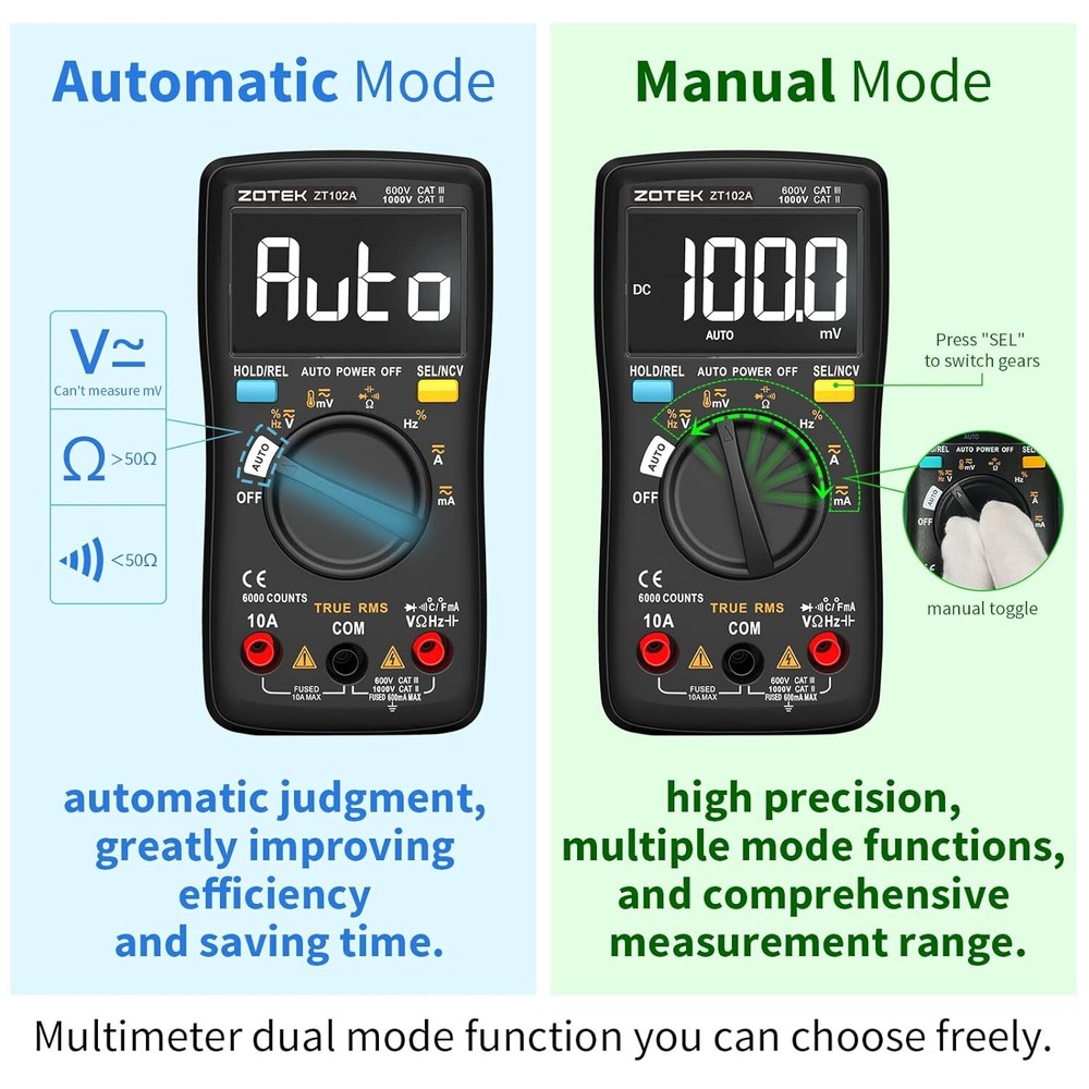 Digital Multimeter AC/DC Ammeter Auto Ranging T-RMS LCD Smart Diode Tester 6000
