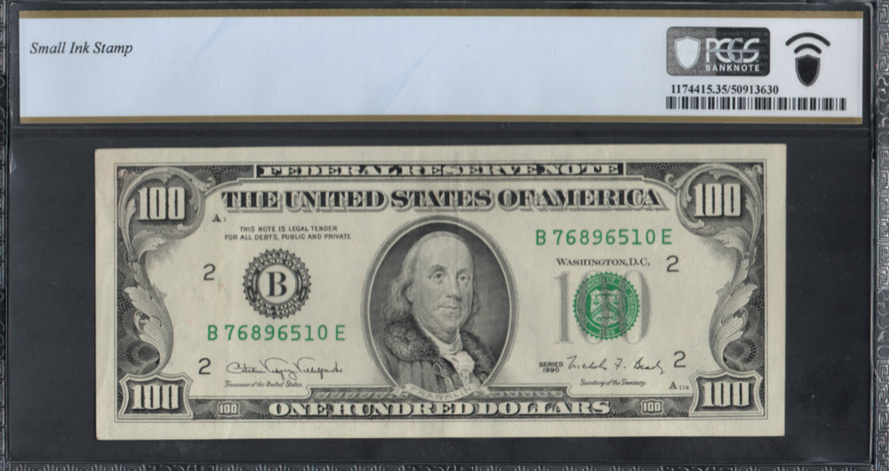 SERIES 1990 MISALIGNMENT ERROR $100 FED. RES. NOTE FR2173B! PCGS 35!