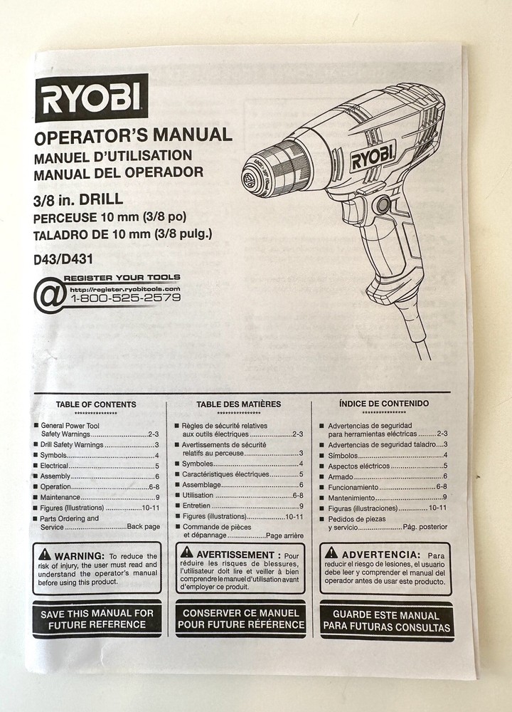 Ryobi 3/8 in Variable Speed Compact Drill Driver Corded With Bag Model D43