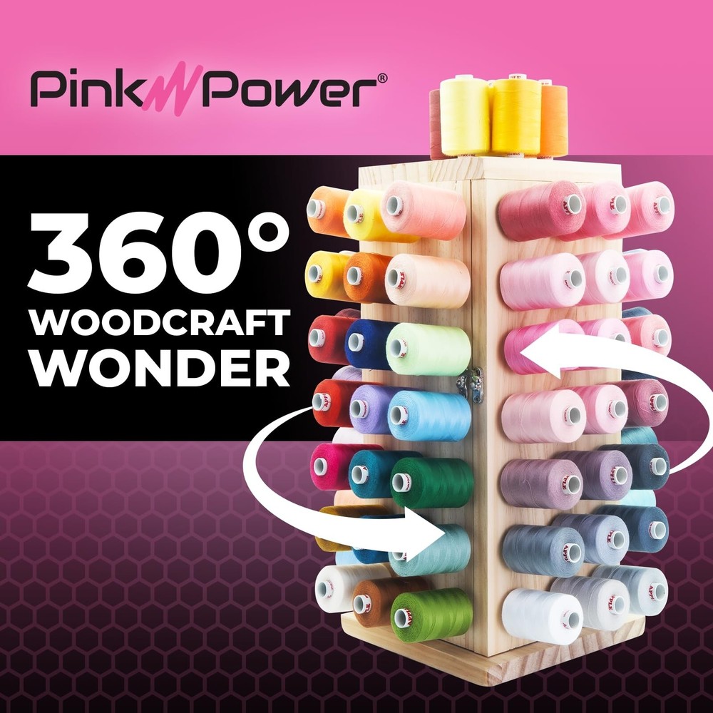 Pink Power 84 Spools Thread Holder Stand - 360° Full Rotating Wooden Thread
