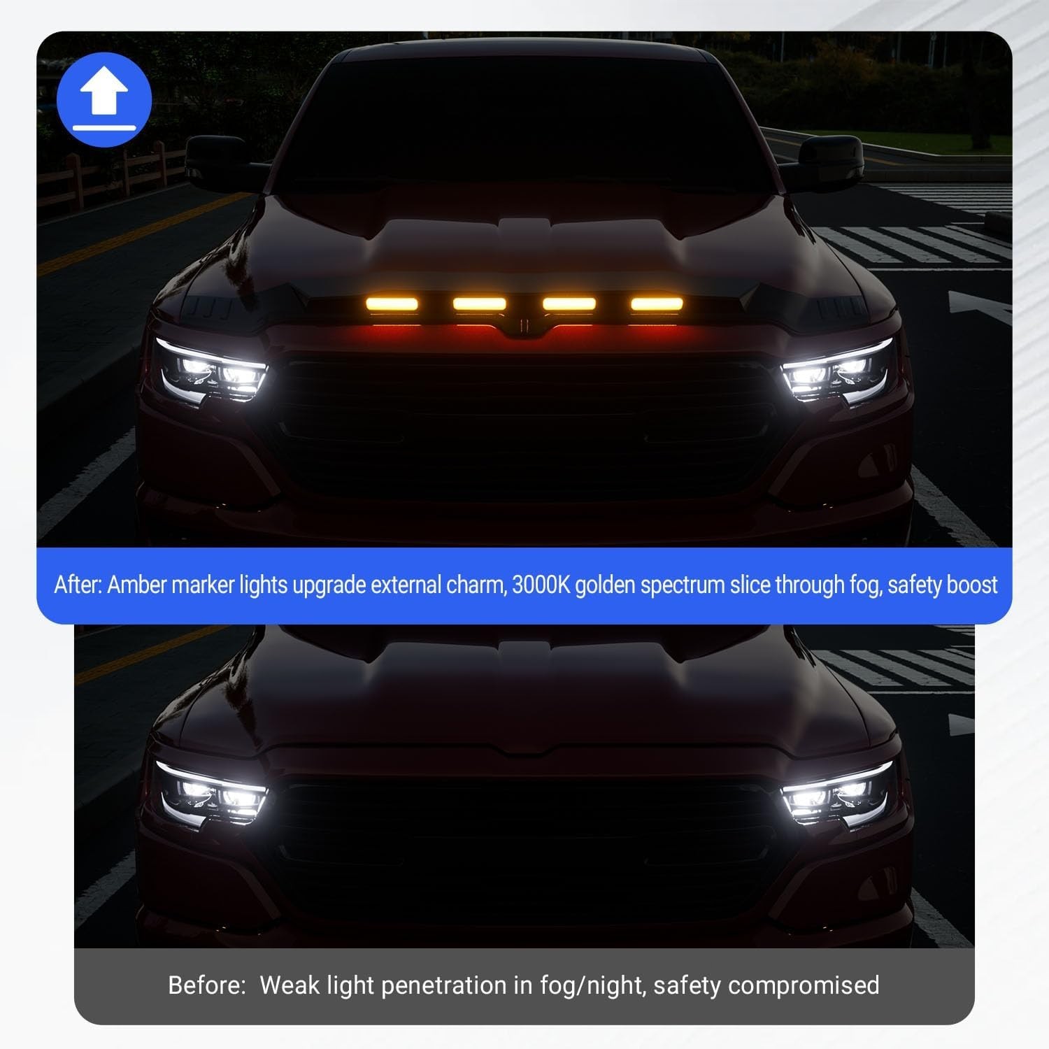 For 2019-2026 Dodge RAM 1500 Hood Protector with LED Light Hood Deflector