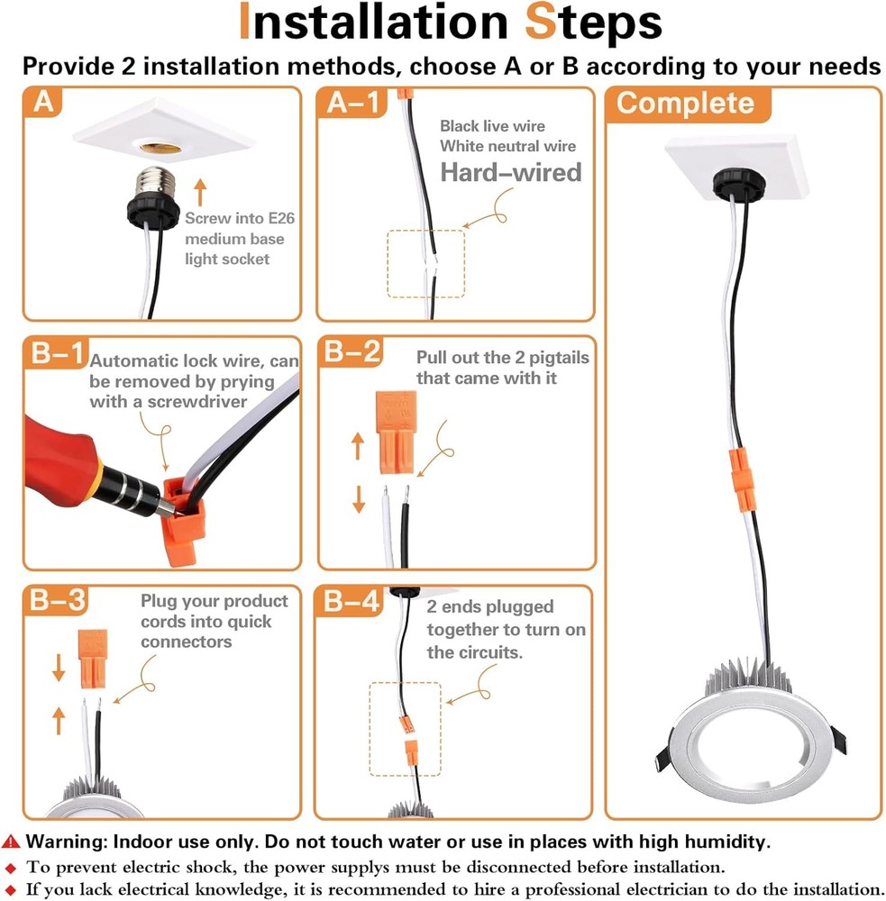 Helunsi E26 Socket Adapter, 6 Pack Light Bulb Pigtail, Screw in Orange