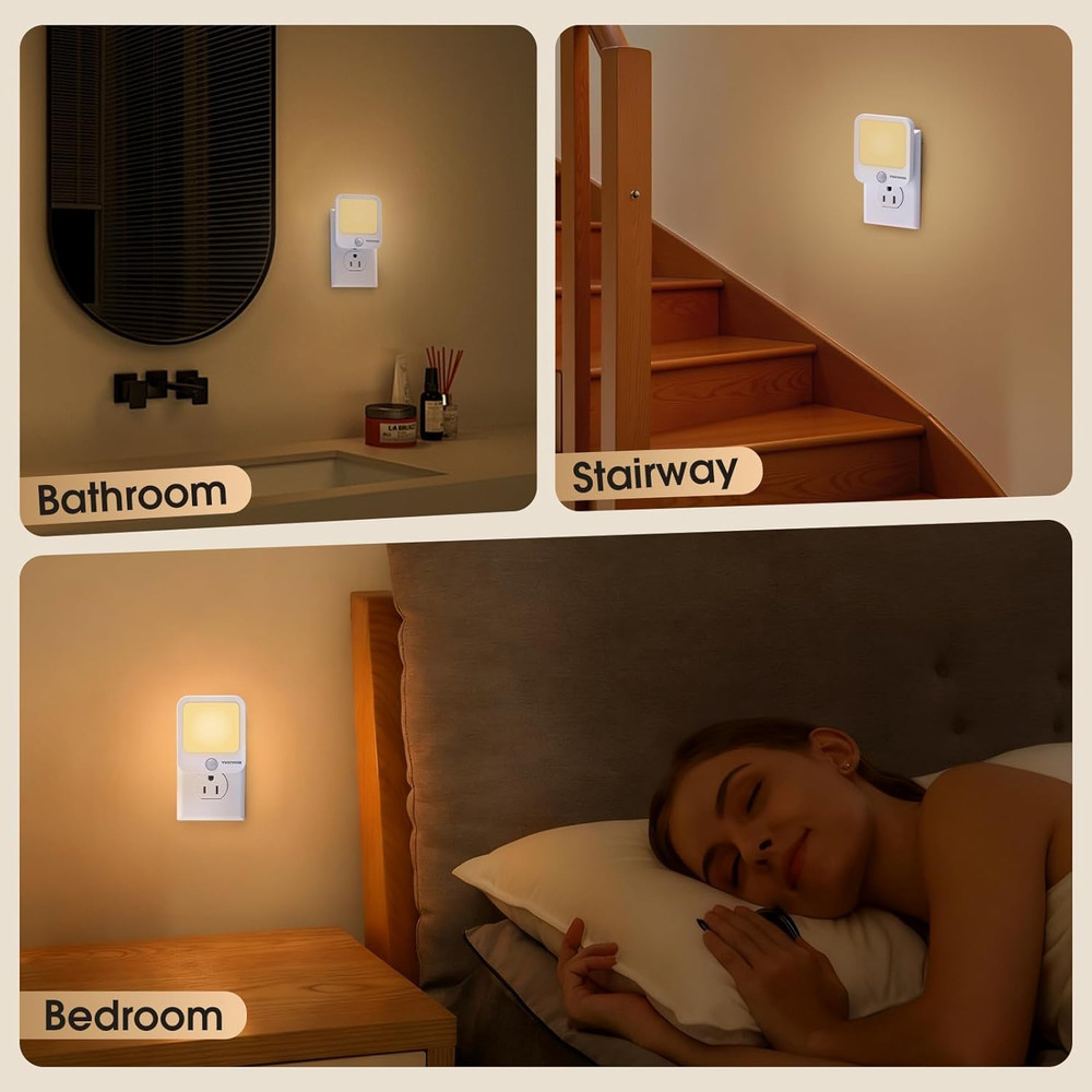 Plug-In Motion Sensor Lights with Adjustable Brightness, Warm White Motion Activ