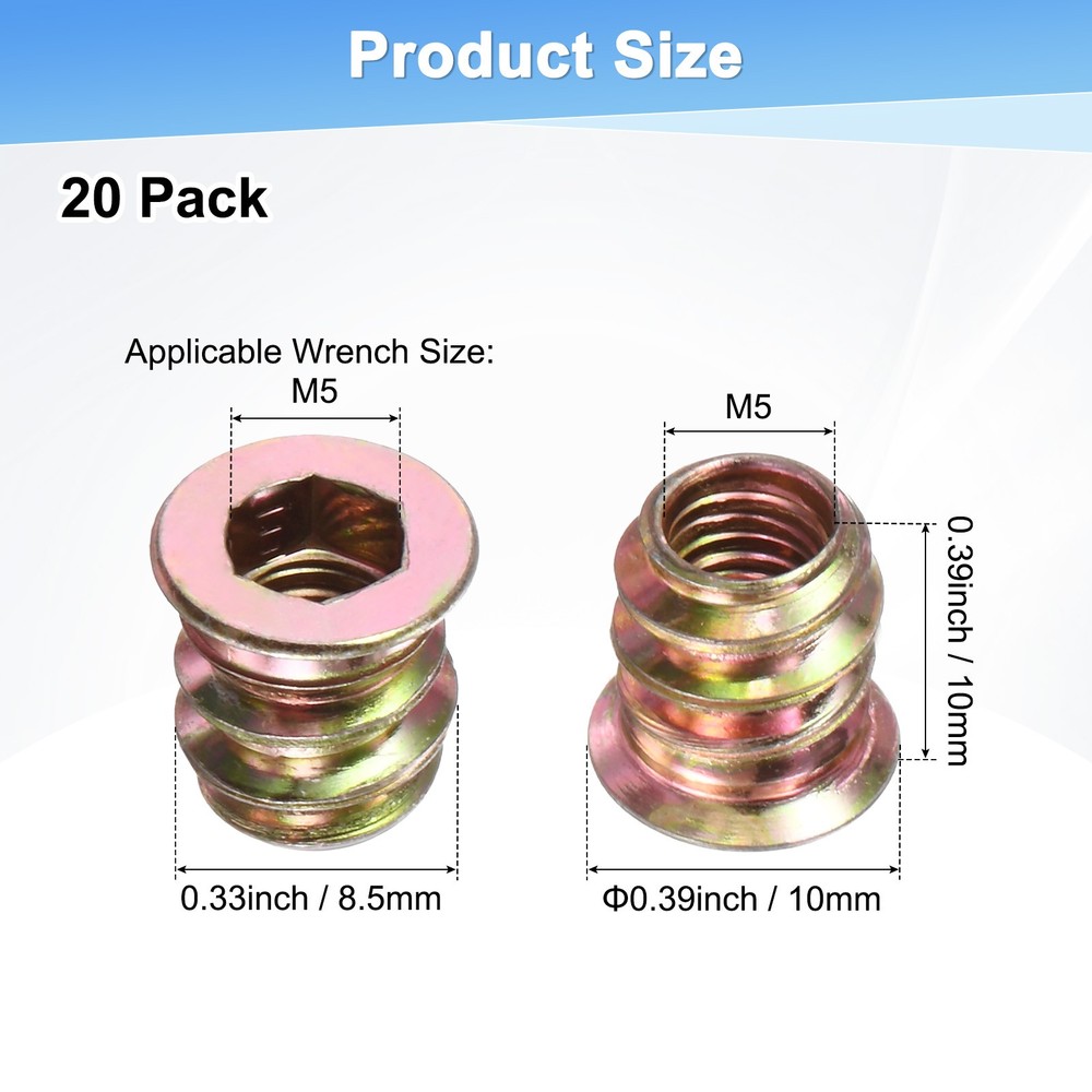 20-Pack Threaded Inserts for Wood, M5x10mm Threaded Insert Nuts [Gold Tone]