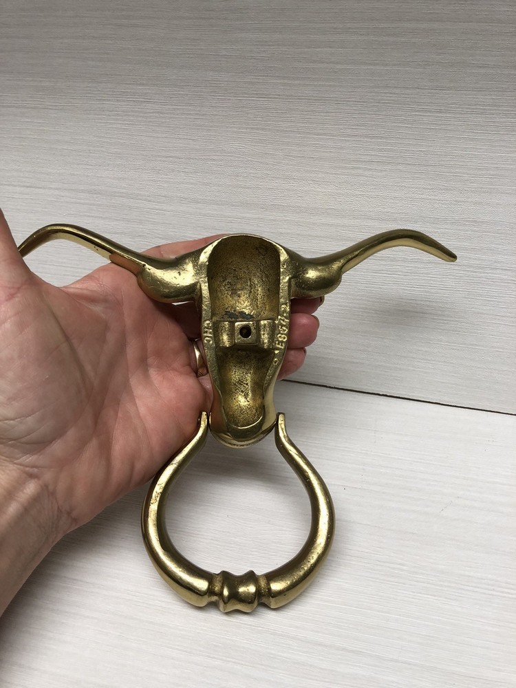 Rare CMC Solid Brass Longhorn Steer Head Door Knocker Handle VTG E854-2