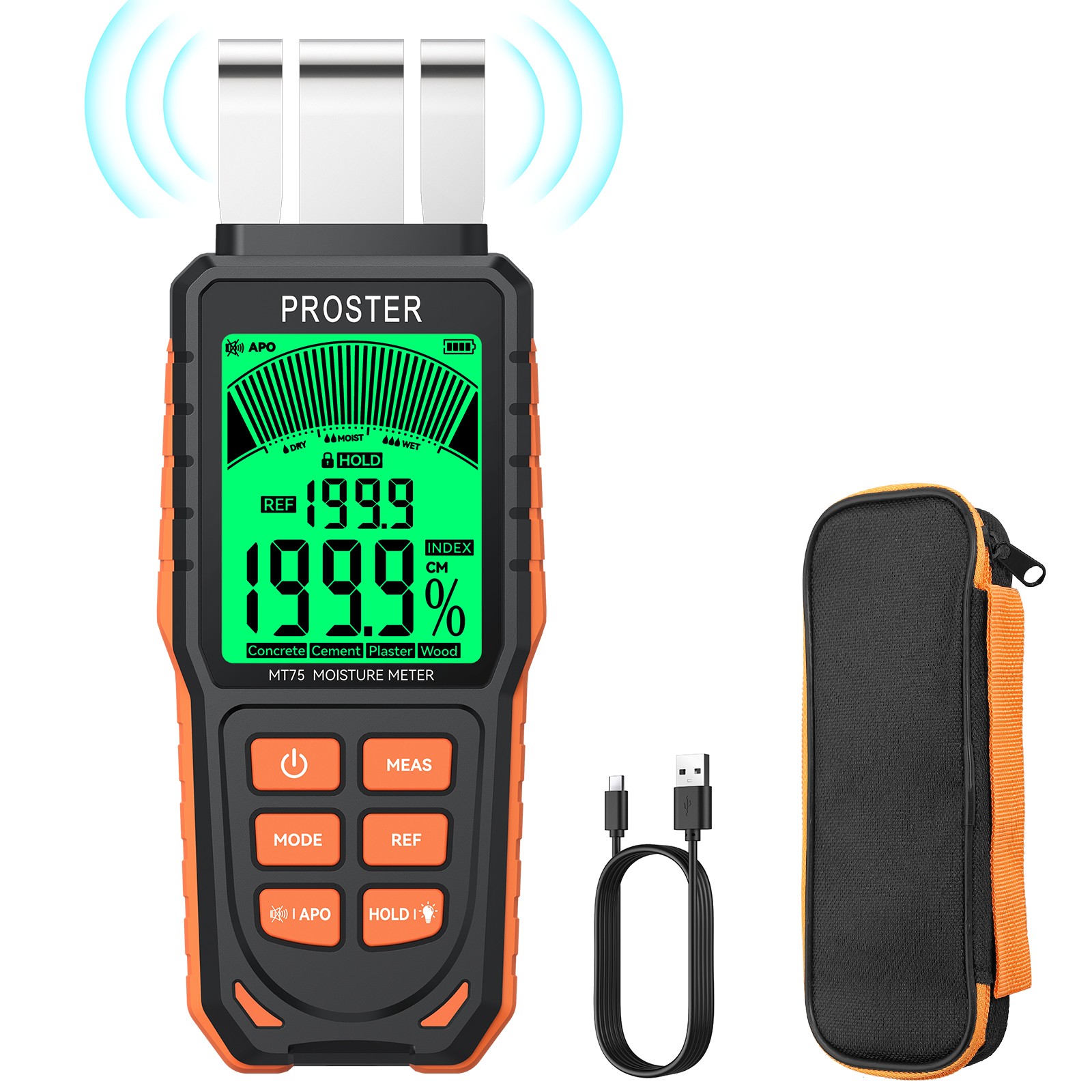 Proster Pinless Moisture Meter Wall Firewood Masonry Concrete 5Modes Damp Tester