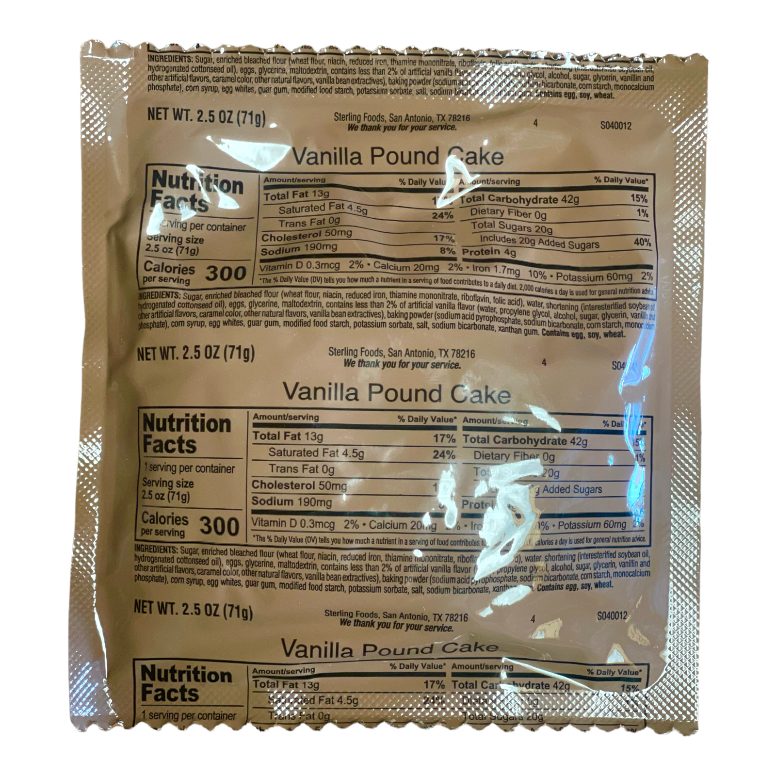 Military MRE Pound Cake Variety Pack: Vanilla, Marble, Applesauce.