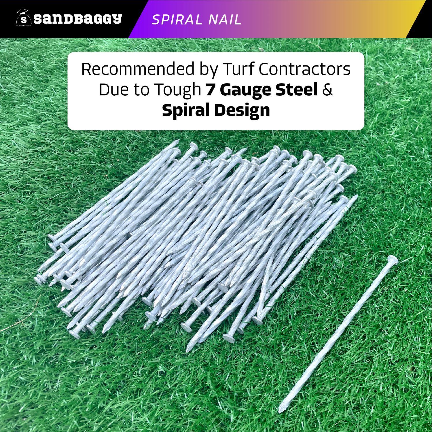 Sandbaggy 6 inch Galvanized Artificial Turf Nails - Spiral Landscape Spikes