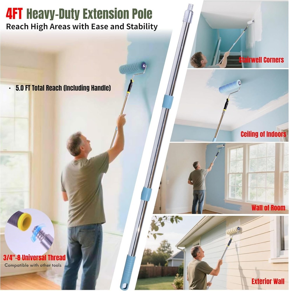 Paint Roller Kit - Set with 2" Paint Brush, Heavy-Duty 9" Paint Roller Frame, 48