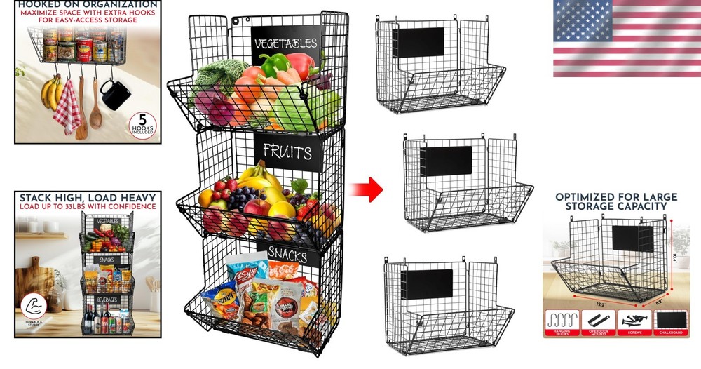 Multifunctional Wall Hanging 3-Tier Baskets - Durable Kitchen Storage Solution