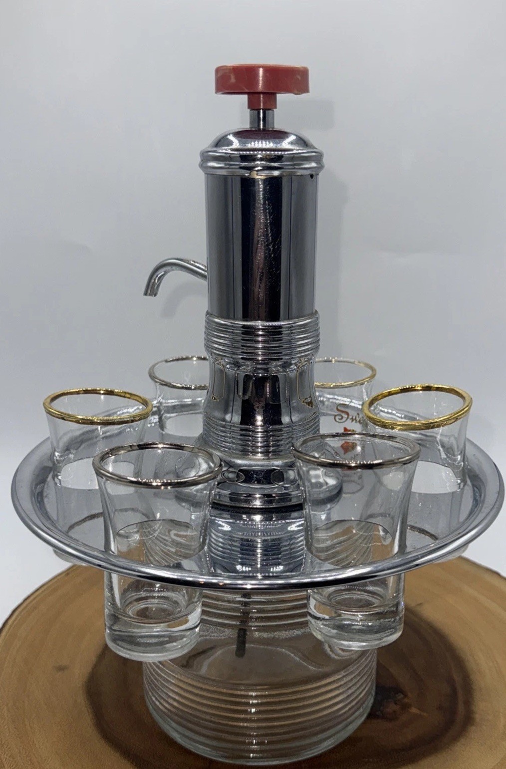 Vintage Liquor Dispenser Pump & Glass Decanter W/6 Shot Glasses W/Chrome Tray