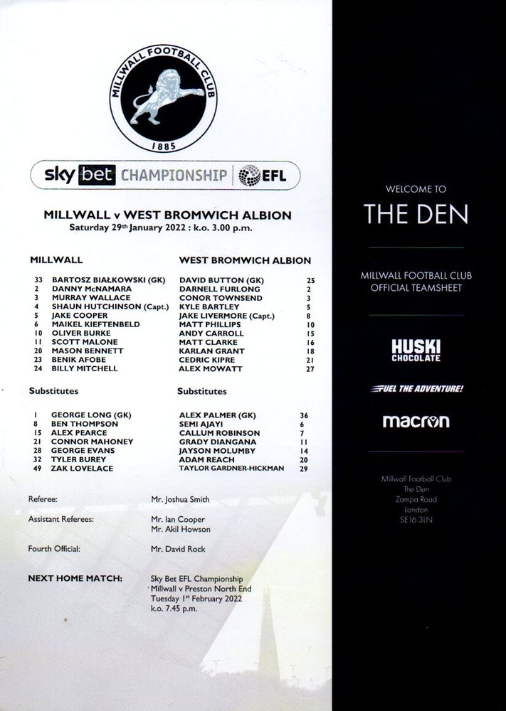 Team Sheet - Millwall v West Brom 29.1.2022
