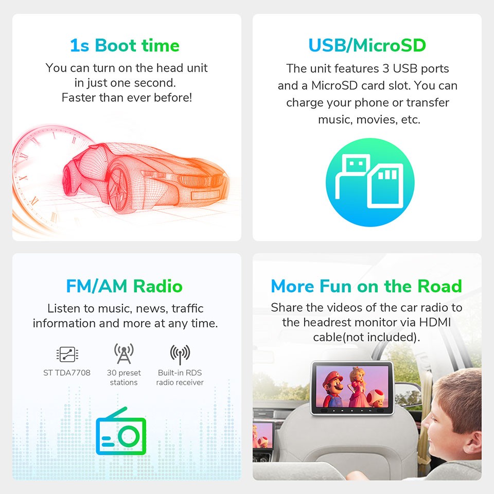 10.1" QLED Double DIN Head Unit Android Car Stereo Apple CarPlay GPS Navigation