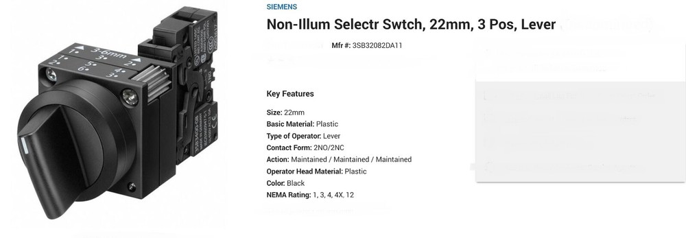 Siemens 22MM 3 Position Maintained Selector Switch Plastic Round NEW [B6B1]