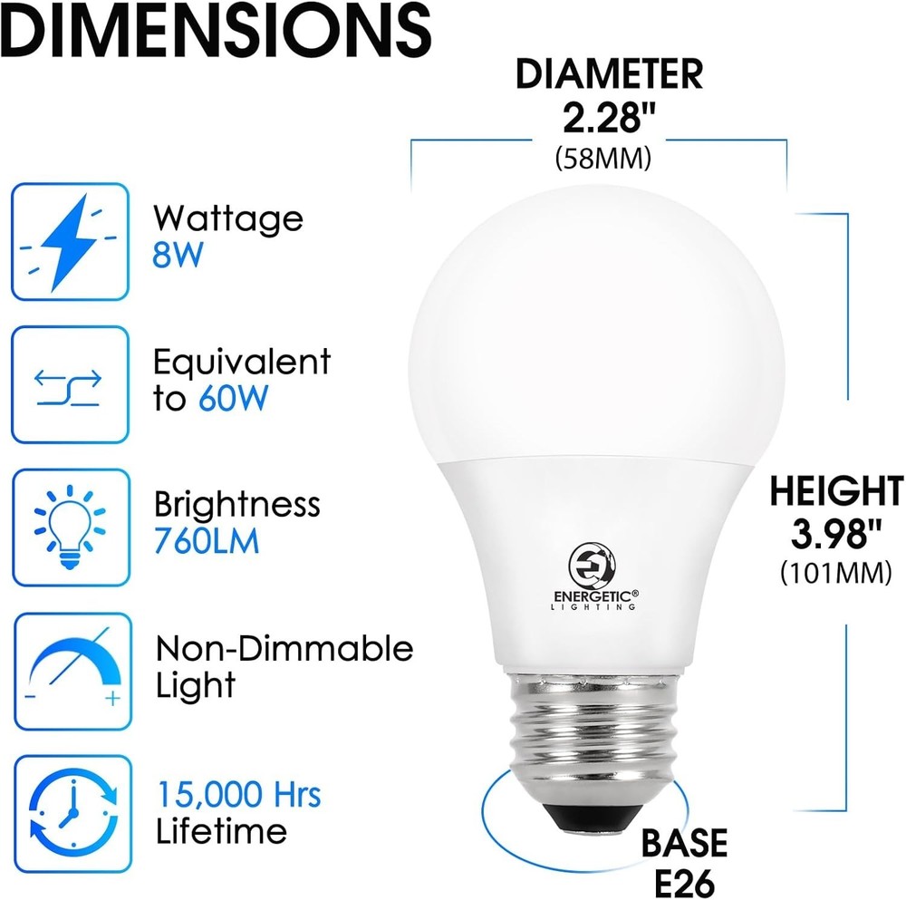 Energetic 24-Pack A19 LED Light Bulb, 60 Watt Equivalent, Daylight 5000K, E26...