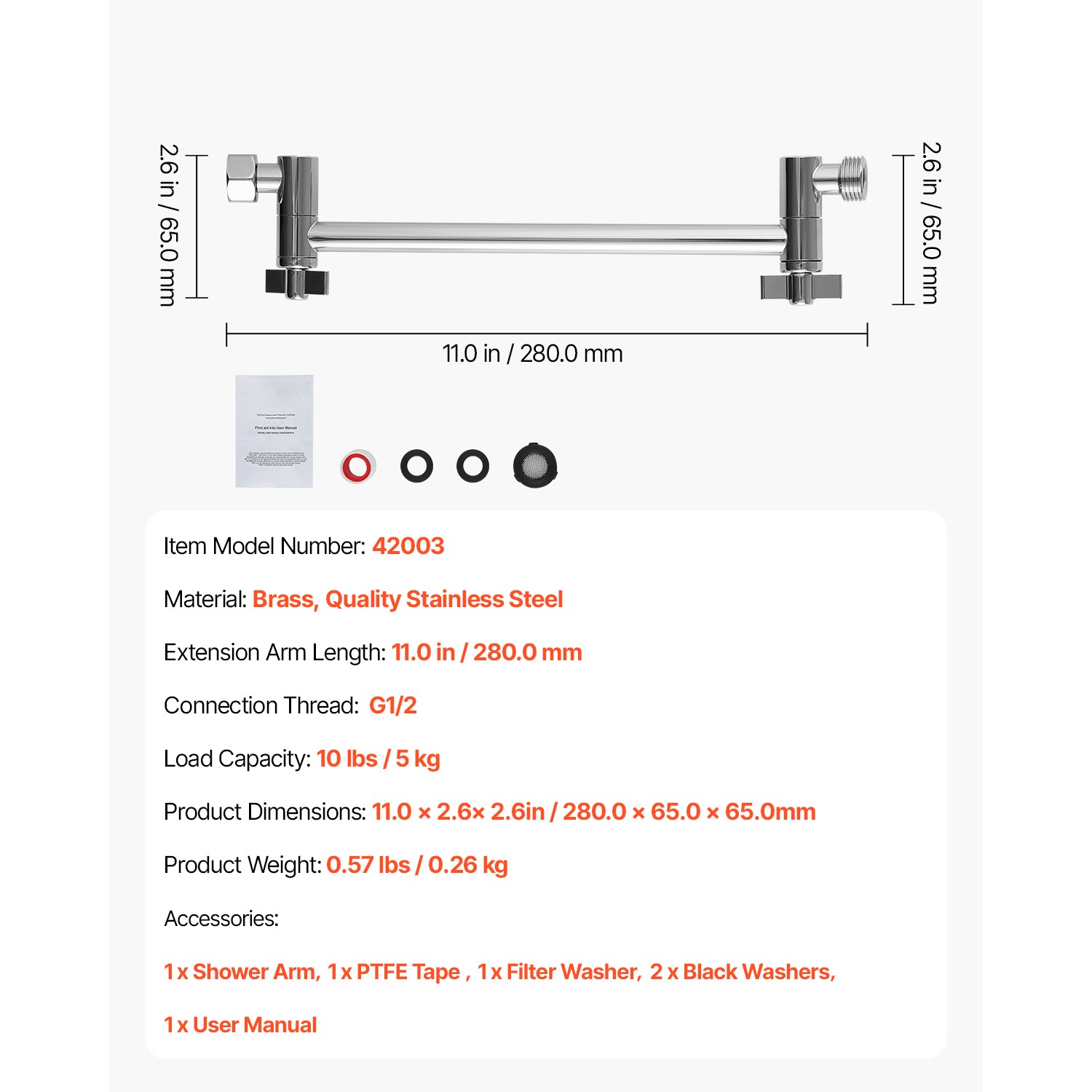 Shower Head Extension Arm Extender 11 in Adjustable Angle Height G1/2 Universal