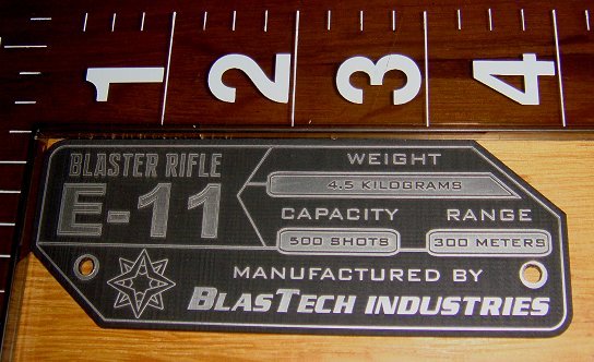 CUSTOM E-11 BLASTER RIFLE SPECIFICATIONS DATA PLATE STAR WARS STORMTROOPER