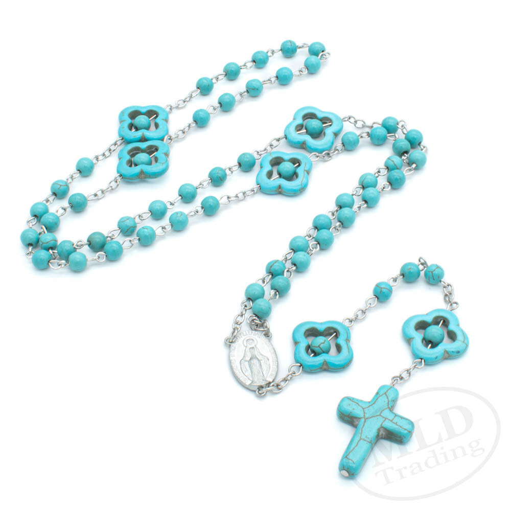 Turquoise Stone Bead Catholic Flower Rosary Necklace - 22" 7" Drop, Silver Chain