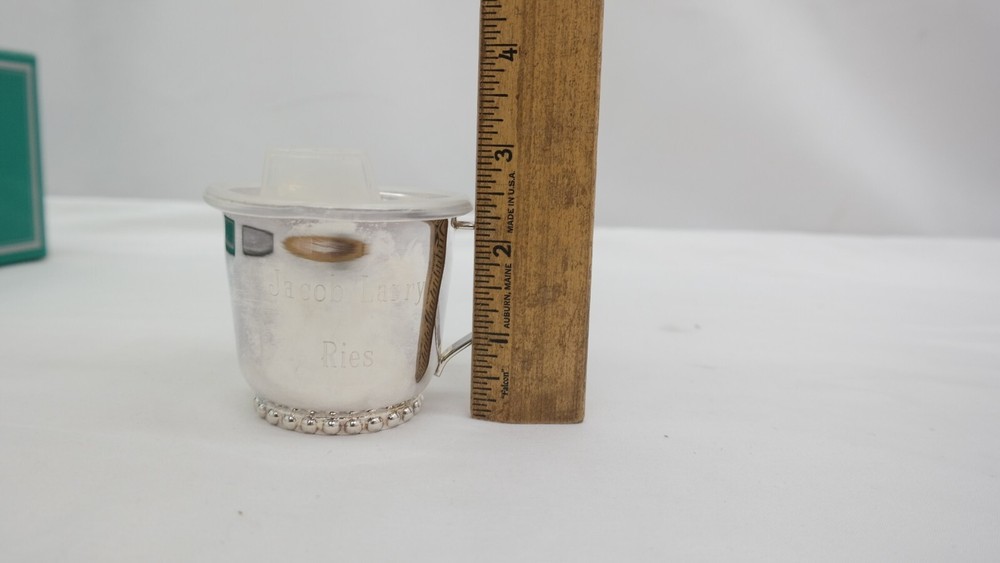 Vintage Towle Silverplate Etched Birth Record Baby Sippy Cup With Plastic Lid