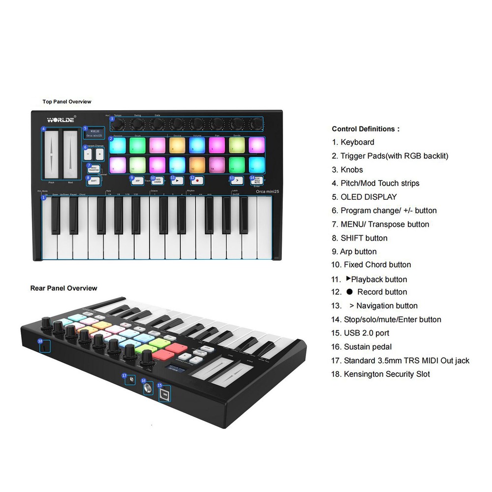 WORLDE Orca mini25 25-Key USB MIDI Keyboard Controller 16 Backlit Trigger Pads