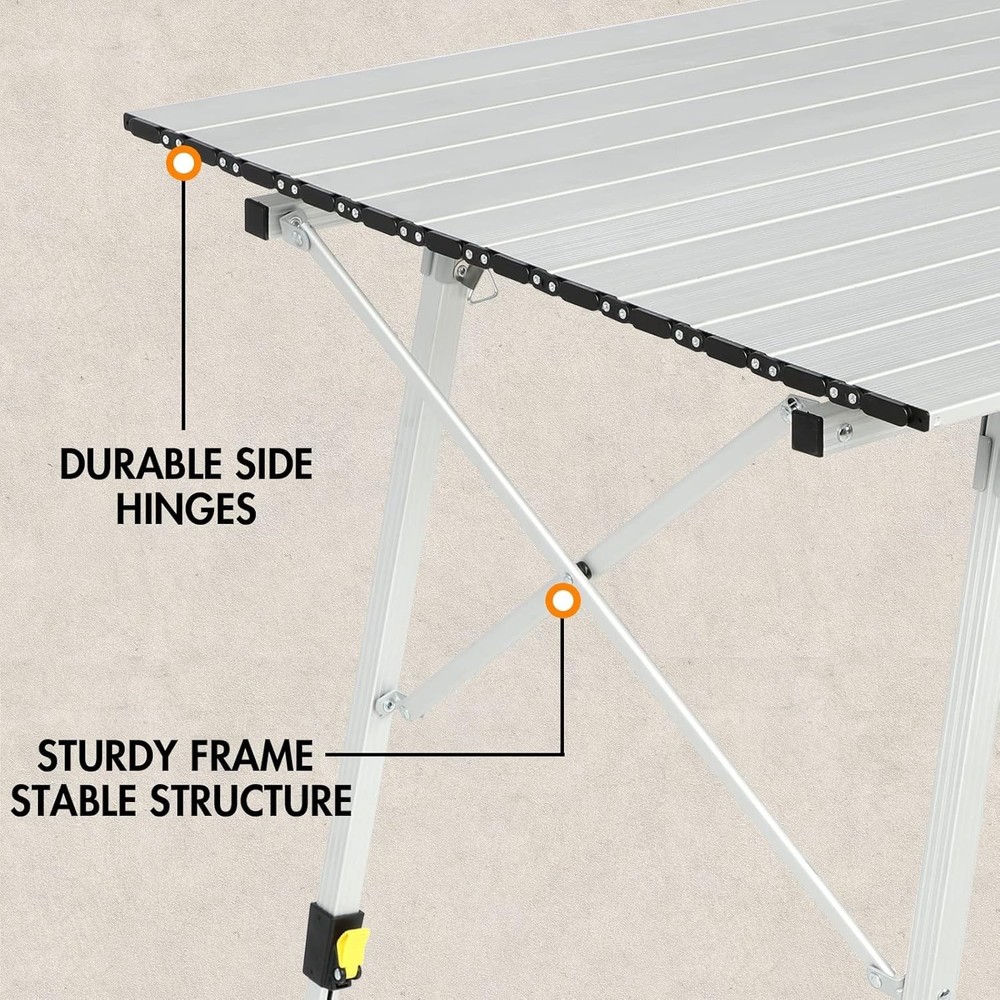 Extra Large Portable Aluminum Folding Camping Table - Adjustable Height, Silver