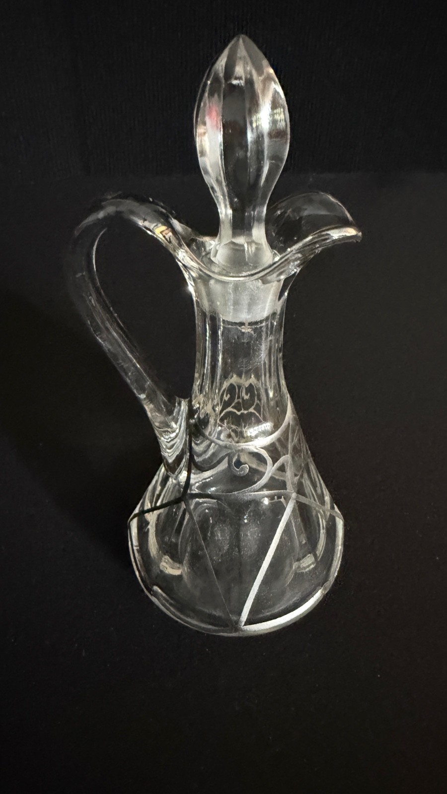 Antique Art Nouveau Sterling Overlay Glass Cruet Bottle w Stopper 6.5"