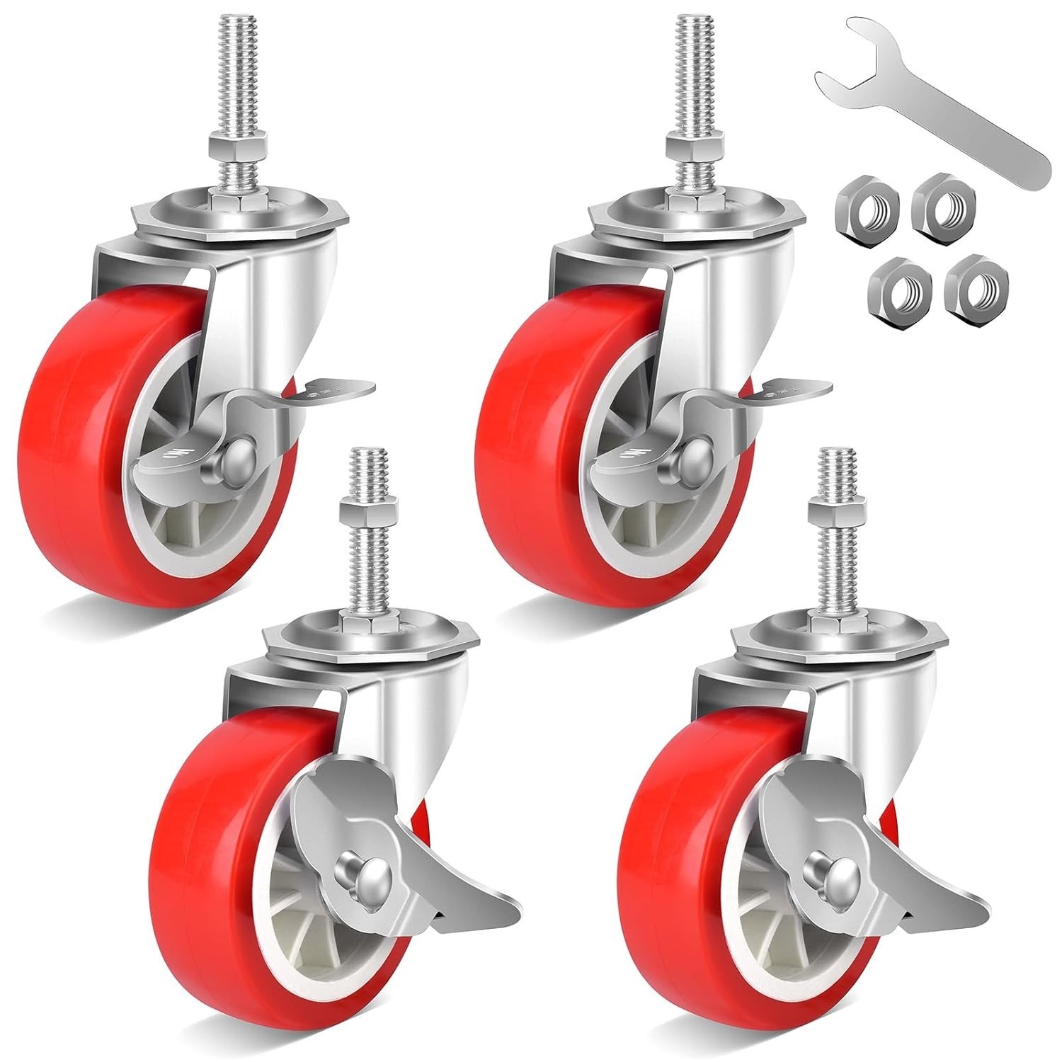 3 Inch Heavy Duty Stem Casters Swivel Wheels with Brake 3/8 -16 x 1-1/2 Set of