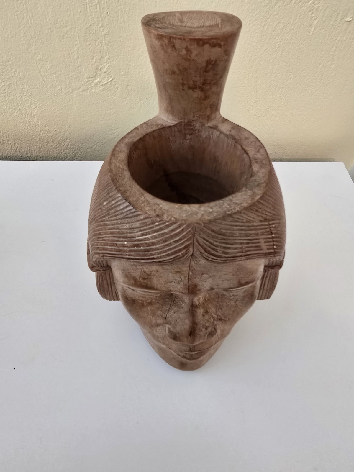 Moche Portrait Face Vessel Peruvian Pre-Columbian Style Wood Carving