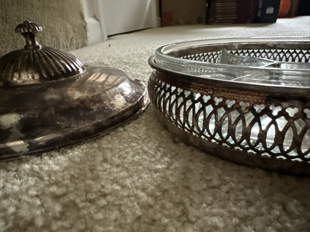 Antique Silver Plated Candy Dish - Three Piece Divided - Starred Glass Inside