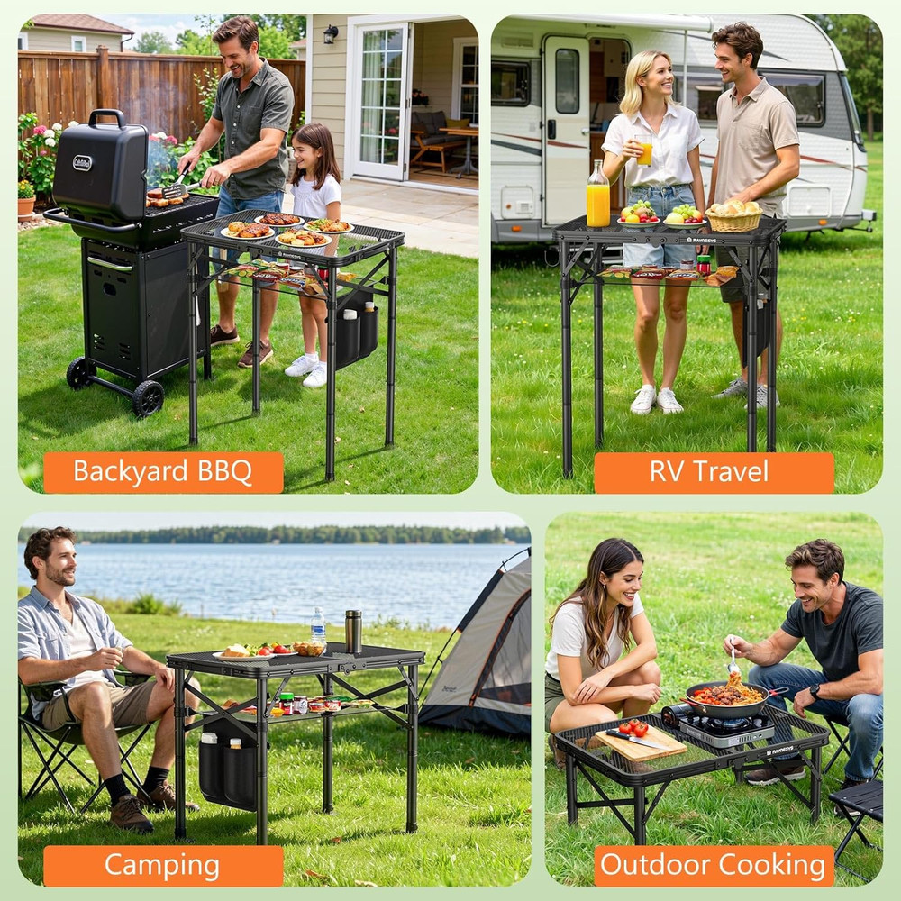 Folding Grill Table for Outside, 3 Height Adjustable Small Camping Table with Me