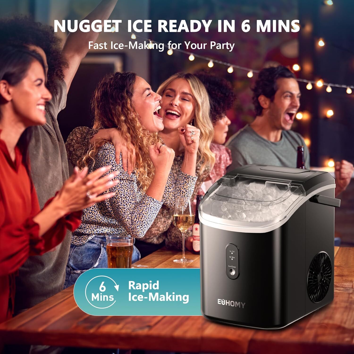 EUHOMY Nugget Ice Maker Countertop with Handle, Ready in 6 Mins, 34lbs/24H