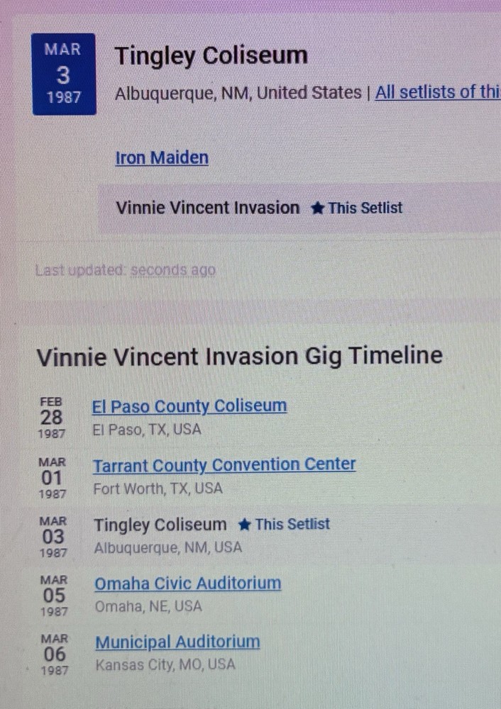 1987 IRON MAIDEN / VINNIE VINCENT INVASION ALBUQUERQUE NM CONCERT TICKET STUB