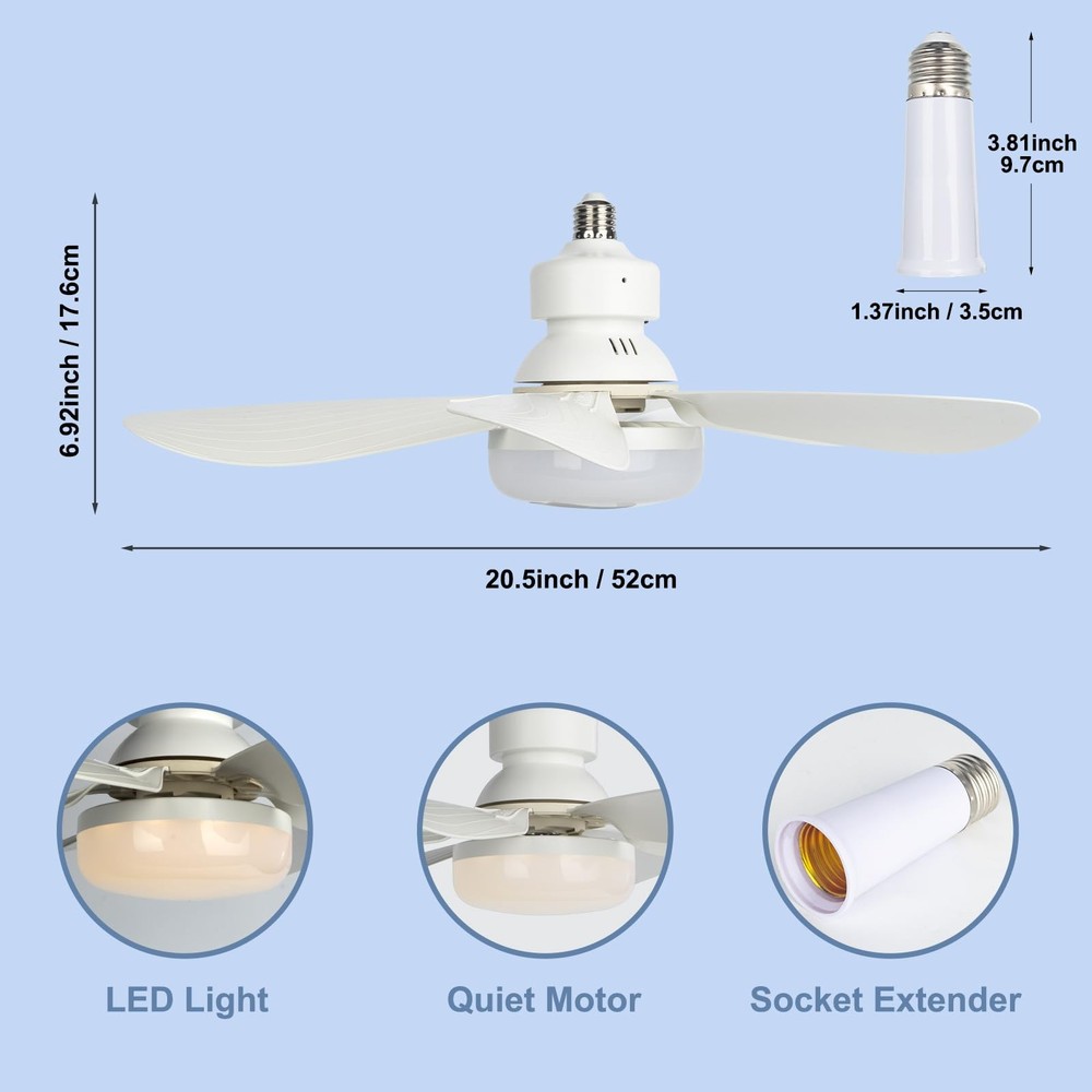 Dimmable Socket Fan Light, 20.5IN Remote Control Combo for Garage, Kitchen, Room