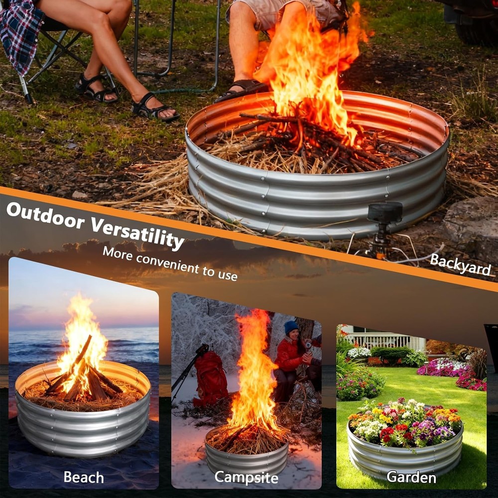 Silver Round Galvanized Steel Fire Ring Pit for Backyard, Camping, Bonfire 3FT